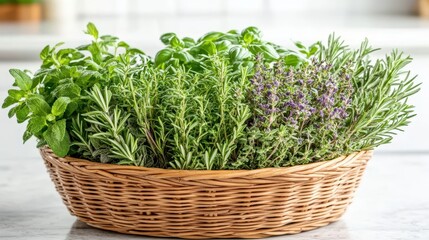 Naklejka premium Basket of fresh herbs showing culinary variety in close up