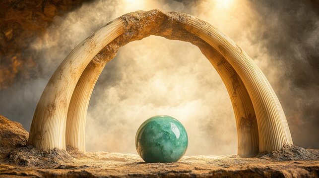 Carved ivory tusks form an ancient archway framing a polished green jade sphere