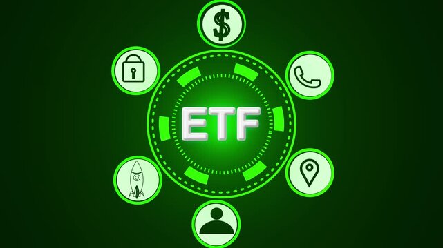 Digital representation of ETF with surrounding icons for finance investment and user engagement on a green gradient background