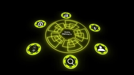 Glowing Neon Data Protection Network with Circular Icons on Black Background security
