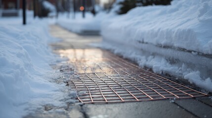Medium shot of electric underfoot heating system embedded in concrete walkway melting snow for safe winter passage