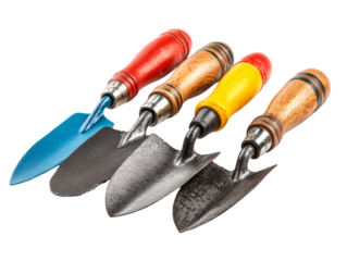 An arrangement of four colorful trowels, each with a wooden handle. The implements are in perfect condition and ready for gardening use. Isolated Transparent Background, PNG