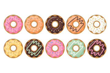 Fototapeta premium Assorted sweet donuts with various colorful glazes and sprinkles on transparent background top