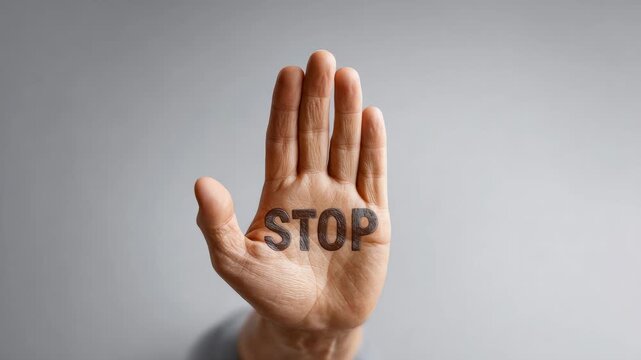 Open hands with the word stop written on them, possibly symbolizing a protest against immigration raids and civil unrest in the united states