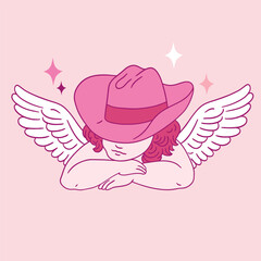 Fototapeta premium Hand drawn Valentine cupid character in pink cowboy hat. Vector illustration on isolated background. 