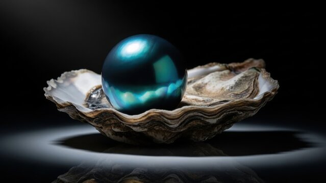 Luxurious black pearl in oyster shell on dark background