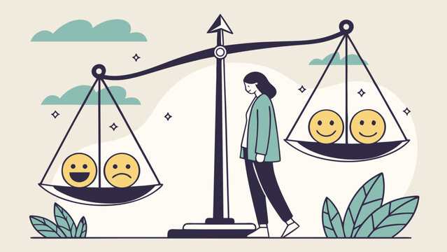 Emotional Balance Concept: Woman weighing feelings on scale with happy and sad emojis. Mental health, well-being & decision-making.