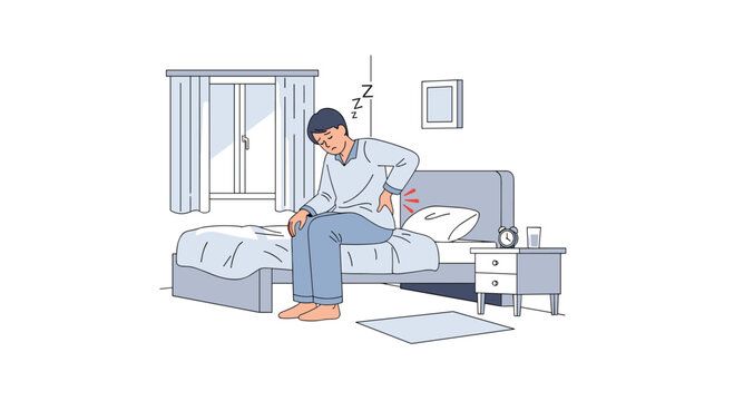 This relatable illustration captures a man waking up in bed, viewed from the side, with a grimace as he rubs his lower back, indicative of morning back pain or an uncomfortable sleep.