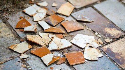 Shattered porcelain tile remnants scattered across a derelict tiled floor surface