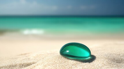 Smooth tumbled sea glass in shades of turquoise and aqua rests on a sandy beach with the ocean in the background