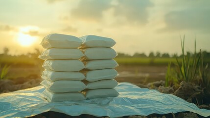 Stacked white bags of emergency food rations neatly arranged in rows outdoors on a sheet under golden hour lighting