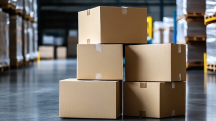 Stacks of flat packed cardboard boxes ready for assembly and shipping in a warehouse