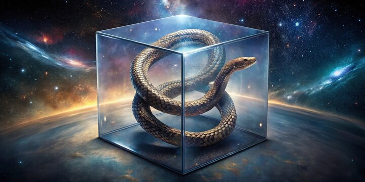 Cosmic Serpent Enigmatically Confined Within a Transparent Cube Against a Starry Expanse