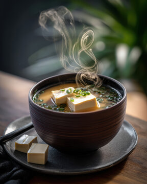 thick miso soup with tofu and steam