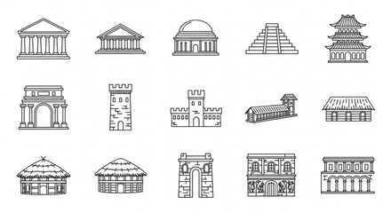 Naklejka premium Collection of iconic architectural landmarks and famous buildings from around the world in a simple line drawing style