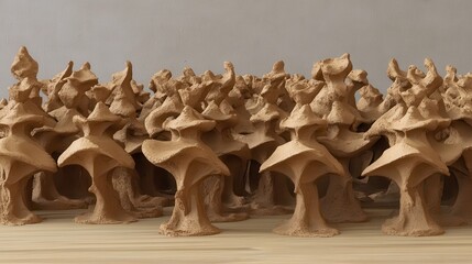 Sun baked clay formations sculpted into miniature hood like objects displayed together