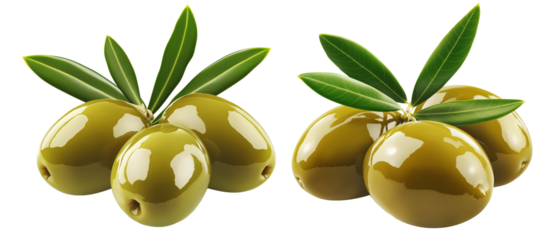 Green olive with leaves, isolated on white transparent background, concept of healthy food