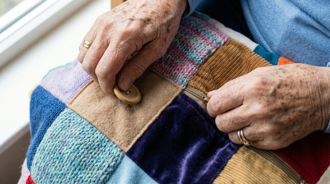 Detailed close up of restless elderly hands manipulating buttons and zippers on a colorful sensory fiddle muff blanket for Dementia therapy.
