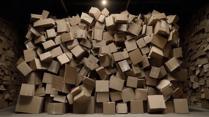 Towering stacks of unorganized cardboard boxes fill a dimly lit warehouse space