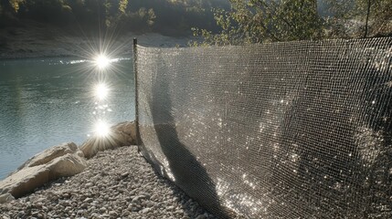 Tightly woven wire mesh fence stretches taut across a gravel bank beside glittering sunlit water