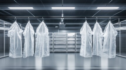 Transparent isolation gowns hanging on racks in a sterile medical facility