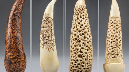 Two intricately carved ancient ivory tusks displayed showcasing detailed floral and geometric patterns