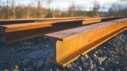 Weathered steel I-beams with prominent rust detail rest on a bed of gravel outdoors under natural sunlight