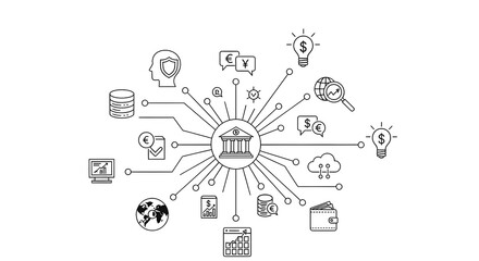 Centralized financial system concept with various interconnected digital banking services