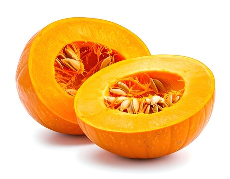 Pumpkin, sliced in half with visible seeds and fresh texture, on white. Perfect for cooking recipes, food education, nutrition design, agriculture visuals, and culinary advertising projects.
