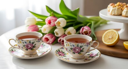 Fototapeta premium Cozy morning with tea tulips and pastries
