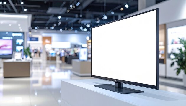 Large smart TV mockup with blank white screen in modern electronics store