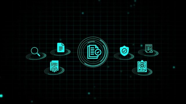 Cybersecurity floating on dark background with grid pattern documents shield
