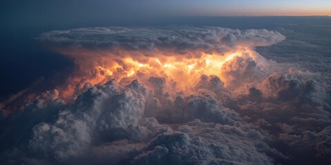 Dramatic Aerial View of Fiery Cumulus Clouds at Sunset.