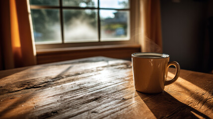 transparent coffee cup on wooden table with morning fog