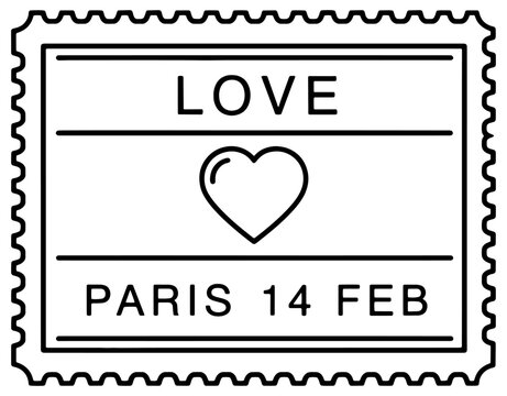Minimalist line art illustration of a vintage postage stamp featuring Paris, a heart symbol, and February 14th date, perfect for Valentine's Day, travel, and romantic mail concepts.