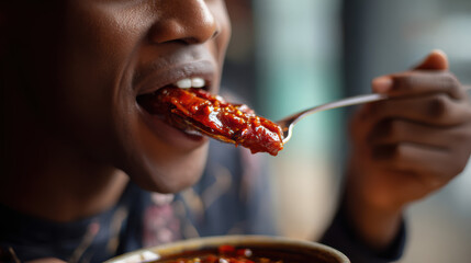 candid moment enjoying a spicy dish