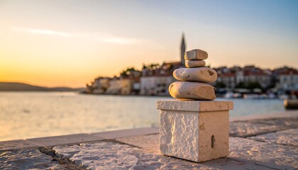 Stacked stones on a stone base at sunset, overlooking a harbor town