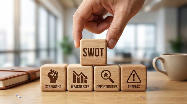 Wooden blocks with SWOT analysis concept placed on desk in modern office,showing strengths,weaknesses,opportunities and threats,strategic planning and business decision making metaphor