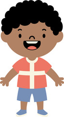 Fototapeta premium A simple cartoon illustration of a happy young boy with curly black hair, wearing a pink t-shirt and shorts