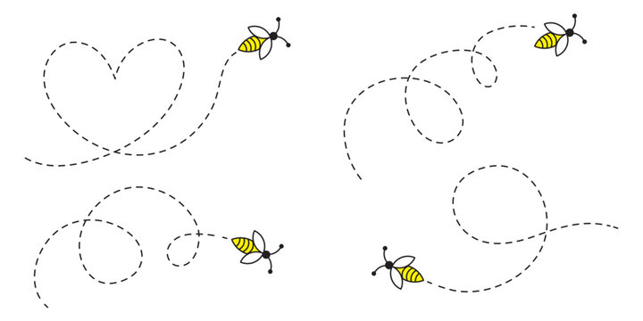 Bee flying icon set. Bee flying on a dotted path isolated on the white background. Bee flying in different style vector illustration.