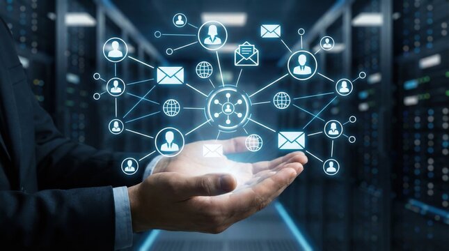 Network data communication concept,hand holding virtual connection interface,cloud computing,email,global communication and information flow - Powered by Adobe