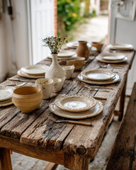 rustic dining table with mismatched dinnerware