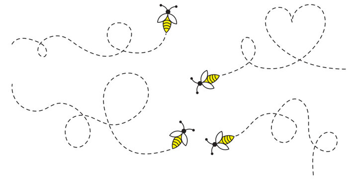 Bee flying icon set. Bee flying on a dotted path isolated on the white background. Bee flying in different style vector illustration.