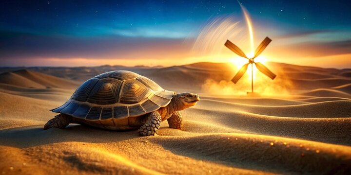 A lone tortoise journeys across the golden sands towards a distant windmill silhouetted against a vibrant sunset, a scene of peaceful perseverance in a desolate landscape.