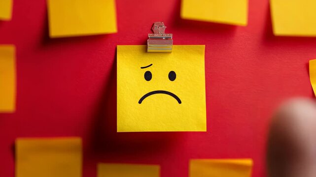 Yellow sticky note with drawn sad unhappy emoji face on a red, Yellow sticky note featuring a drawn sad emoji face