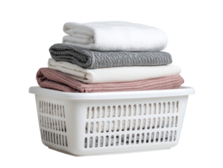 Freshly laundered folded towels neatly stacked in a white laundry basket. The towels are in varying shades. The scene represents cleanliness and domesticity.  Isolated Transparent Background, PNG