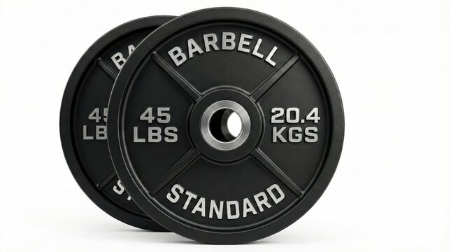 Close-up of two black standard barbell weight plates, labeled 45 lbs and 20.4 kgs, gym equipment used for strength training and bodybuilding exercises