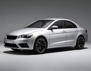 Fototapeta premium Sleek silver sedan with black rims parked in studio setting.