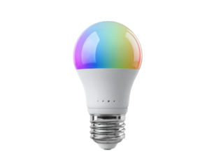 A close-up shot of a modern, energy-efficient LED light bulb, illuminating with a spectrum of vibrant colors. Isolated Transparent Background, PNG
