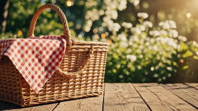 Picnic Basket on Wooden Table in Sunny Garden, outdoor leisure concept with copy space